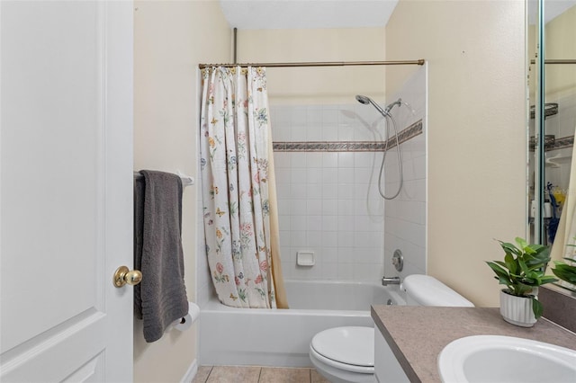 full bath with vanity, tile patterned flooring, toilet, and shower / tub combo with curtain