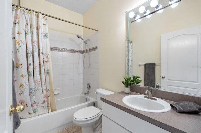 full bathroom featuring toilet, shower / tub combo, tile patterned floors, and vanity