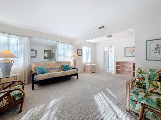 living room featuring light carpet