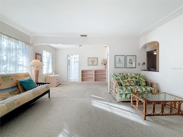 living room featuring light colored carpet