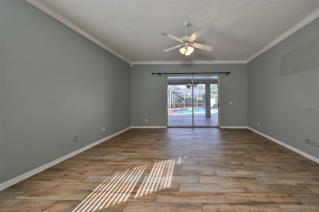 unfurnished room with ceiling fan, light hardwood / wood-style floors, and crown molding