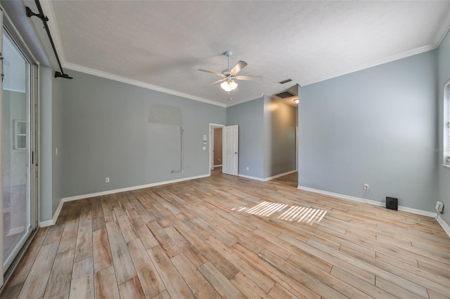 unfurnished room with a textured ceiling, light hardwood / wood-style flooring, ceiling fan, and crown molding