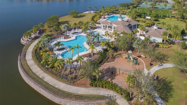 bird's eye view with a water view