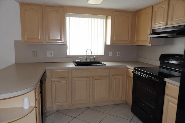 kitchen with light tile patterned flooring, sink, light brown cabinets, and black range with electric cooktop