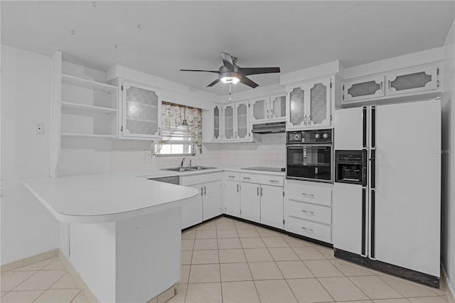 kitchen featuring kitchen peninsula, ceiling fan, sink, black appliances, and white cabinets