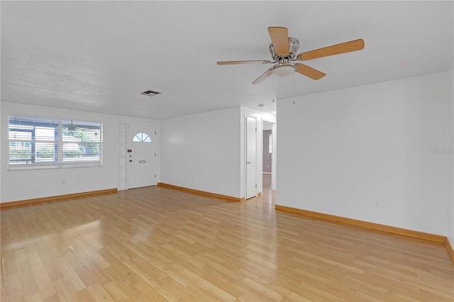 unfurnished living room featuring ceiling fan and light hardwood / wood-style flooring