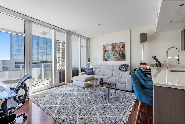 living room featuring dark hardwood / wood-style floors, floor to ceiling windows, and sink