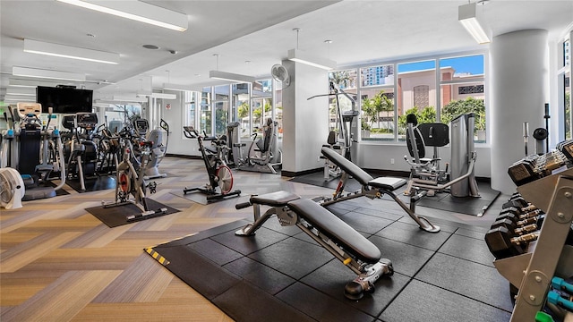 workout area with carpet floors