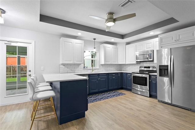 kitchen with white cabinets, stainless steel appliances, blue cabinets, and a tray ceiling