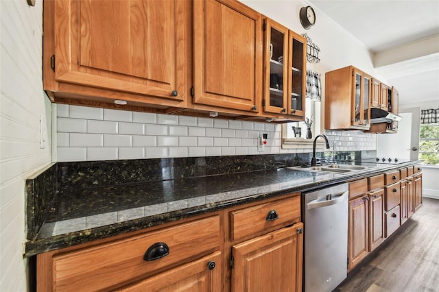 kitchen with sink, tasteful backsplash, stainless steel dishwasher, dark hardwood / wood-style floors, and dark stone countertops