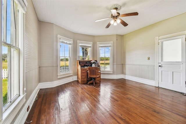 interior space featuring hardwood / wood-style flooring, ceiling fan, and a wealth of natural light