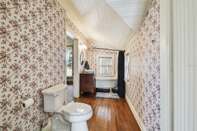 bathroom with vanity, hardwood / wood-style flooring, toilet, and wood ceiling