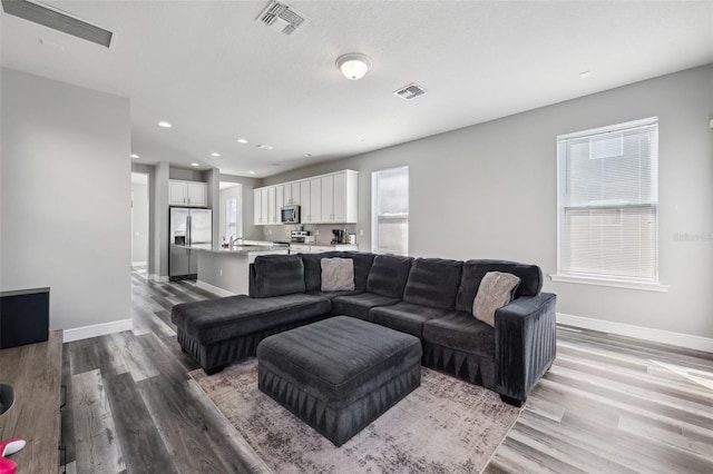 living room with a healthy amount of sunlight, sink, and light hardwood / wood-style floors