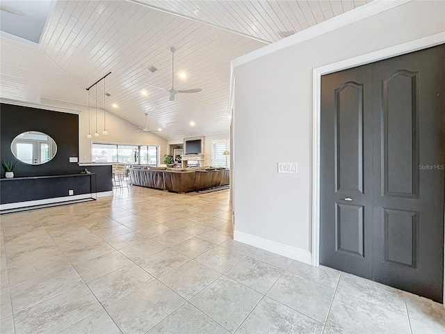 tiled living room featuring ceiling fan, wood ceiling, and vaulted ceiling