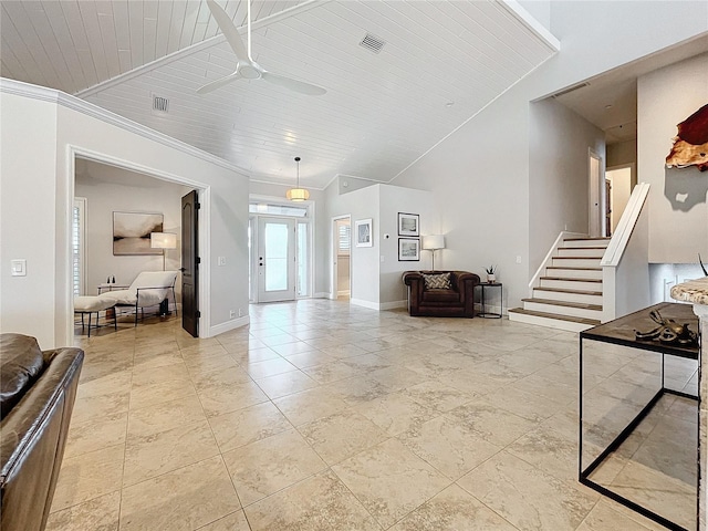 entryway with wooden ceiling, ceiling fan, and ornamental molding