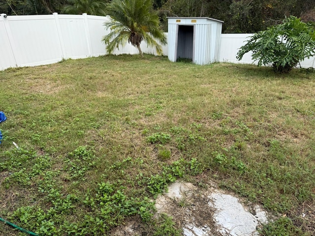 view of yard featuring a storage unit