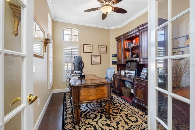 office area with ornamental molding, dark hardwood / wood-style floors, ceiling fan, and french doors