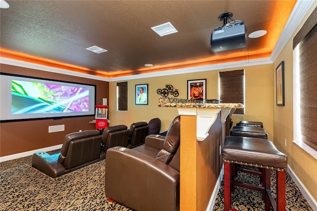 cinema room with crown molding, a raised ceiling, a textured ceiling, and carpet