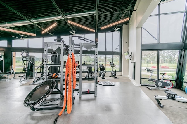 workout area featuring a high ceiling