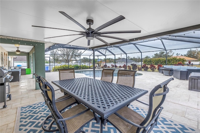 view of patio with an outdoor living space, glass enclosure, and ceiling fan