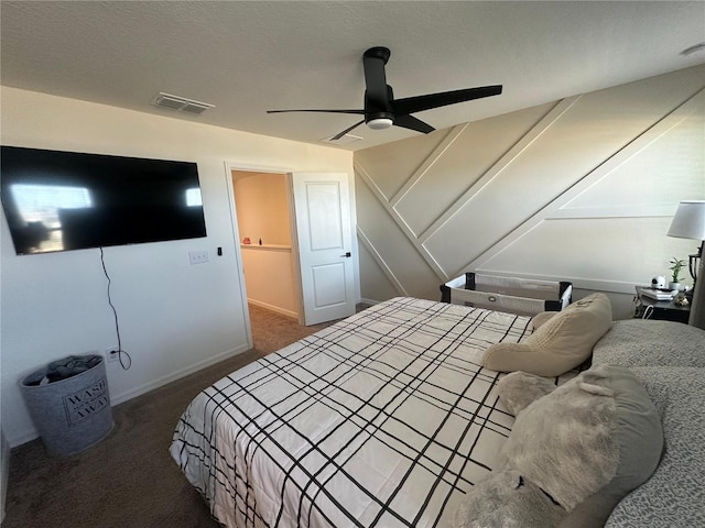 carpeted bedroom with ceiling fan and lofted ceiling