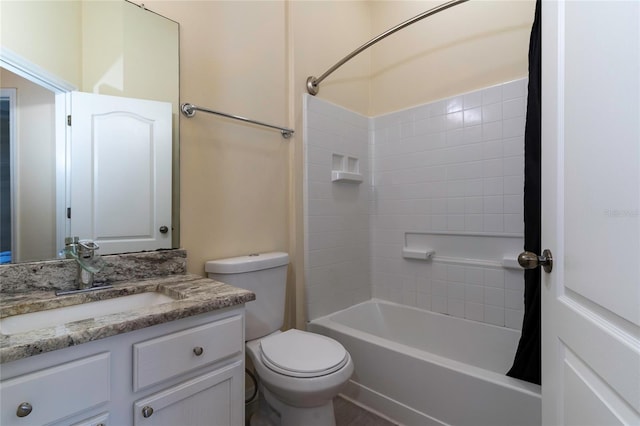 full bathroom with vanity,  shower combination, and toilet