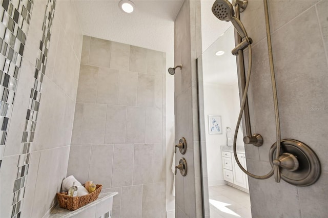 bathroom with a shower and tile walls