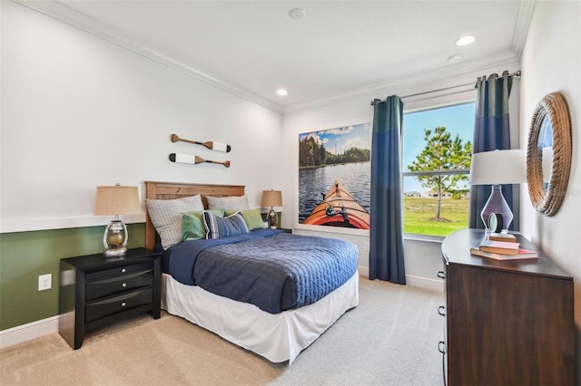 bedroom featuring light colored carpet and crown molding