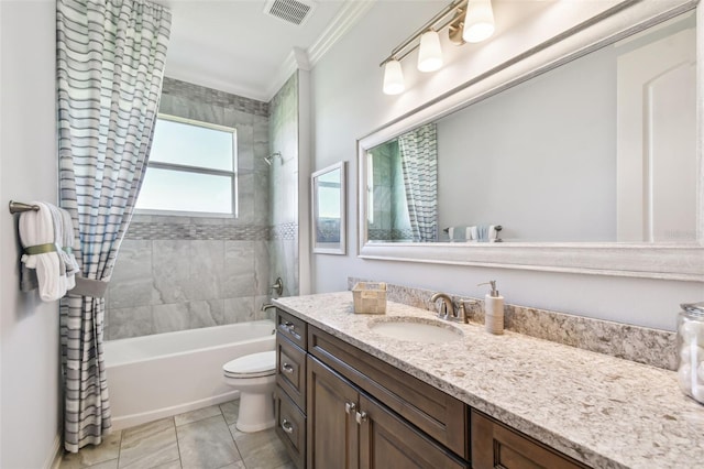 full bathroom featuring vanity, tile patterned flooring, toilet, shower / bathtub combination with curtain, and ornamental molding