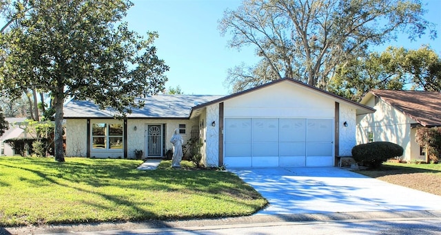 ranch-style home featuring a front yard and a garage