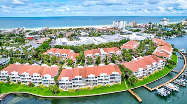 drone / aerial view with a water view