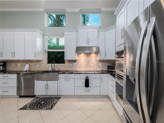4709 Corsage Dr, Lutz, FL 33558 - kitchen featuring appliances with stainless steel finishes, ornamental molding, under cabinet range hood, tasteful backsplash, and dark stone countertops