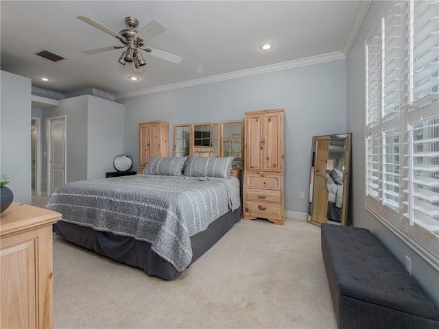 4709 Corsage Dr, Lutz, FL 33558 - bedroom featuring light colored carpet, crown molding, a ceiling fan, and recessed lighting