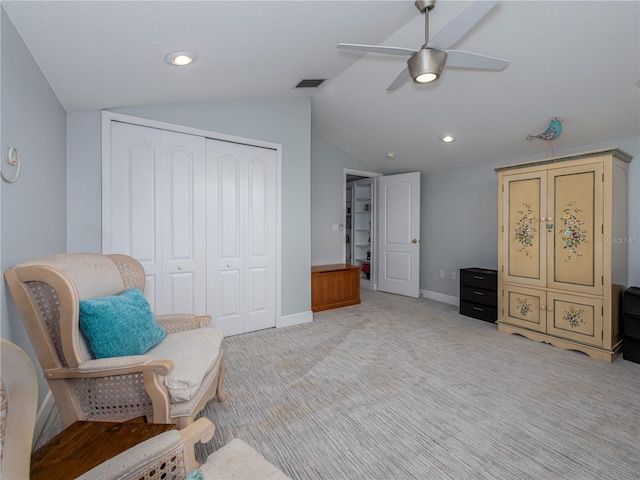 4709 Corsage Dr, Lutz, FL 33558 - living area featuring vaulted ceiling, a ceiling fan, light carpet, and recessed lighting