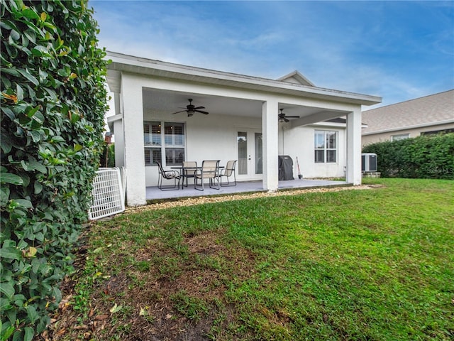 rear view of house featuring a patio, ceiling fan, and a lawn