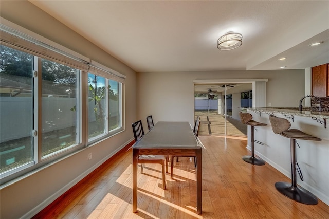 dining room featuring light wood-type flooring and sink