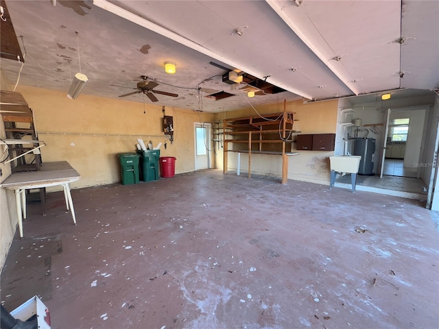 miscellaneous room with ceiling fan, concrete floors, and electric water heater