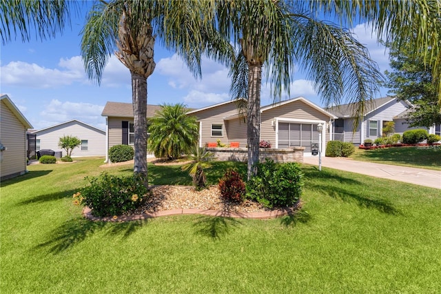 ranch-style house with a garage and a front lawn