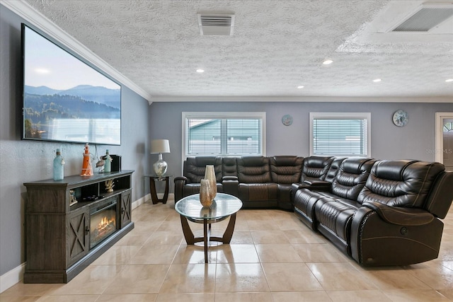 tiled living room with crown molding and a textured ceiling