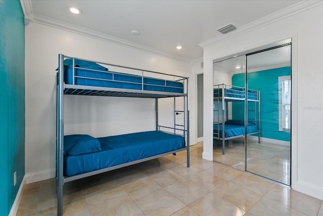 unfurnished bedroom featuring crown molding and tile patterned flooring