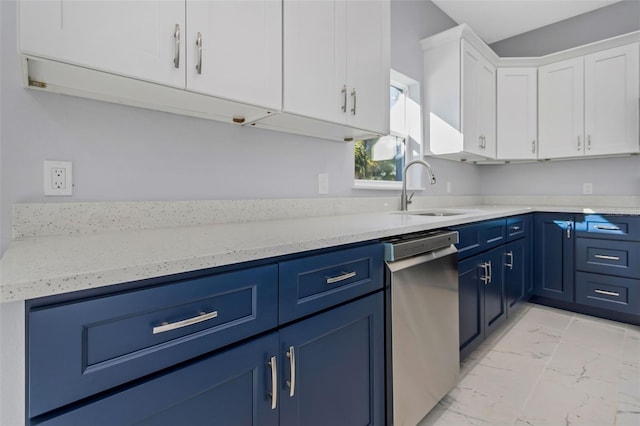 kitchen with blue cabinets, dishwasher, sink, white cabinets, and light stone counters