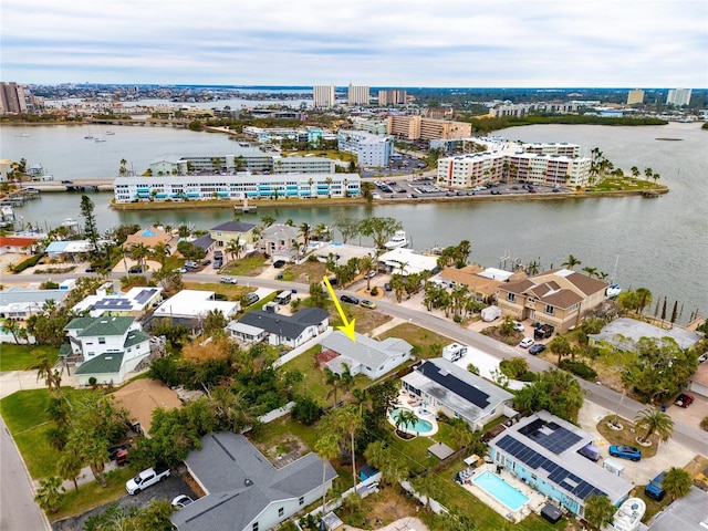 drone / aerial view with a water view