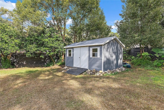 view of shed featuring a fenced backyard