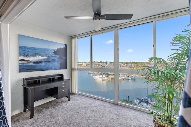 interior space with a water view and ceiling fan