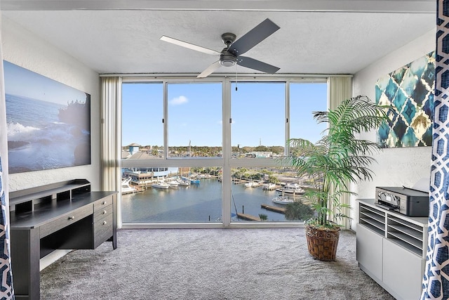 interior space with a water view, ceiling fan, and a healthy amount of sunlight