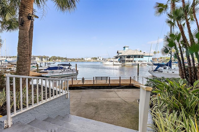 dock area with a water view