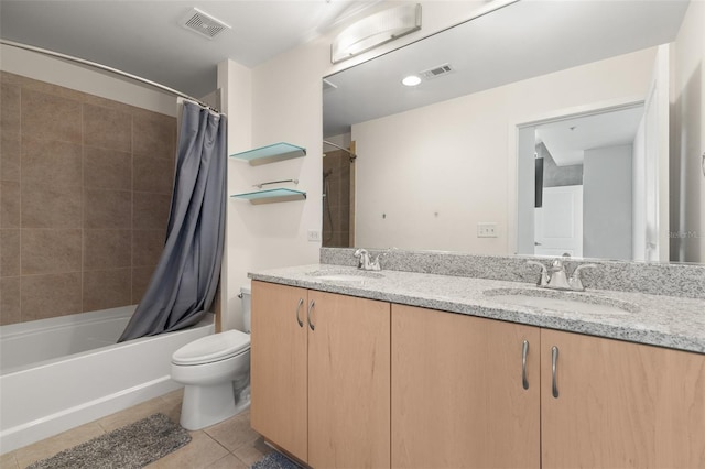 full bathroom with toilet, vanity, shower / tub combo with curtain, and tile patterned flooring