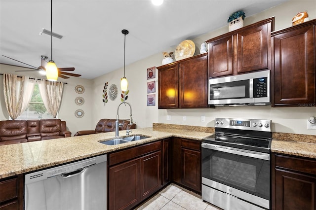 kitchen with ceiling fan, sink, kitchen peninsula, pendant lighting, and appliances with stainless steel finishes