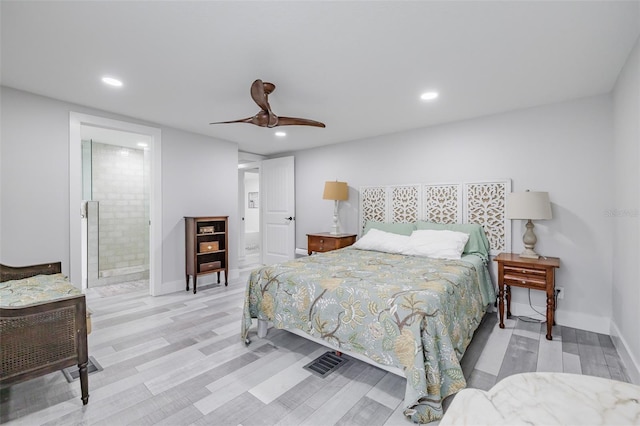 bedroom with connected bathroom, ceiling fan, and light wood-type flooring