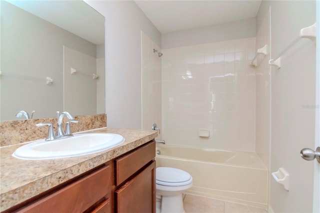 full bathroom featuring shower / washtub combination, tile patterned flooring, vanity, and toilet